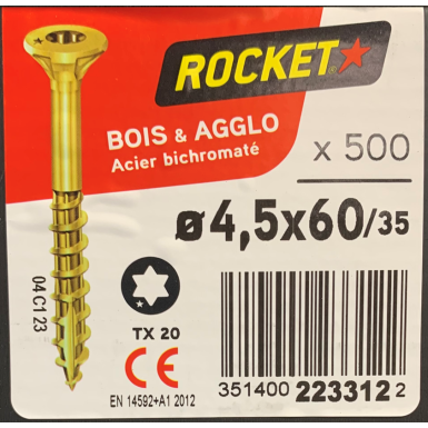 Vis bois rocket étoile 4.5x60 boite/500u