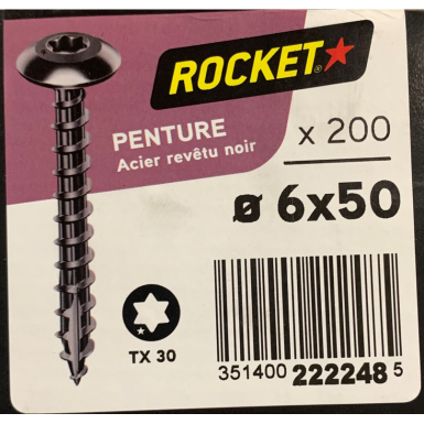 Vis bois penture noir rocket étoile 6x50 boite/200u