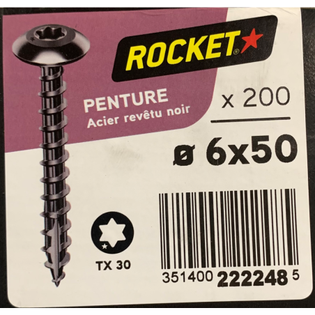 Vis bois penture noir rocket étoile 6x50 boite/200u